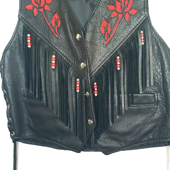 TRD Vintage Leather Vest With Roses and Beaded Fringe, Women Size Large. - Picture 4 of 16